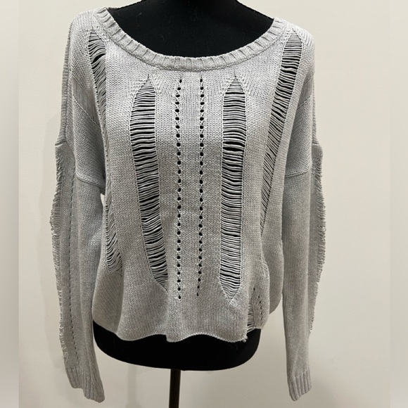 Guess Sweaters - Guess Silver Grey Distressed Knit Womens Sweater Large